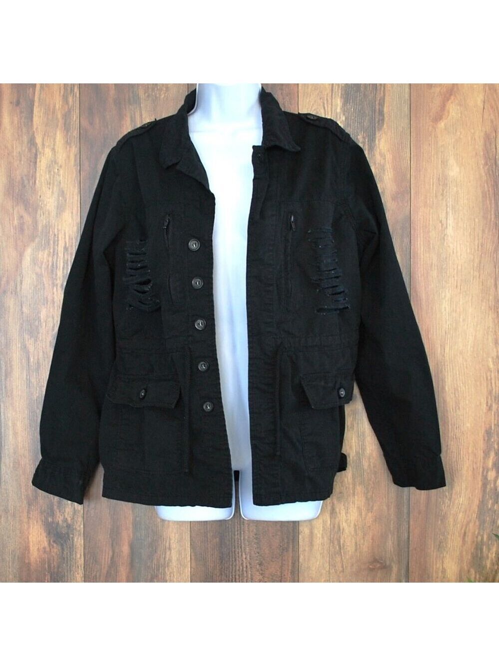 Blue Age Original Black Denim Style Distressed Button Up Jacket M